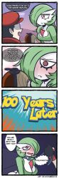 2boys 2girls artist_name black_hair blush bob_cut breasts collar colored_skin fang gardevoir gen_3_pokemon green_hair green_skin hair_over_one_eye hat highres hisuian_poke_ball holding holding_leash leash long_hair multicolored_skin multiple_boys multiple_girls nintendo poke_ball pokemon pokemon_(creature) pokemon_legends:_arceus qum_(c00mbrain) red_hat rei_(pokemon) scarf speech_bubble two-tone_skin white_skin