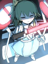 1girl =_= ascot blue_skirt blue_vest blush boots bow closed_eyes closed_mouth collared_shirt colored_skin commentary_request cookie_(touhou) crosswalk daiyousei diyusi_(cookie) full_body gloves haburashi hair_bow high-visibility_clothing high-visibility_vest high_ponytail long_hair ponytail road_sign shaded_face shirt sign skirt solo standing touhou traffic_baton v-shaped_eyebrows vest white_boots white_gloves white_shirt white_skin yellow_ascot yellow_bow