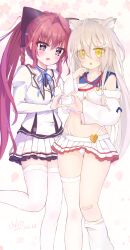 2025 2girls :o absurdres ahoge animal_ear_fluff animal_ears bandaid bandaid_on_knee bandaid_on_leg bare_shoulders bell black_bow blonde_hair blue_bow blue_ribbon bow braid buttons cat_ears cat_girl chinese_commentary clothes_lift colored_eyelashes commentary crossover dated eyes_visible_through_hair fang feet_out_of_frame gluteal_fold grey_eyes hair_between_eyes hair_bow hair_ornament hair_over_shoulder hairclip hand_up heart heart_hands heart_hands_duo heart_in_eye highleg highleg_panties highres huge_bow inui_sana jingle_bell juliet_sleeves kuro_(sakura_moyu) long_hair long_sleeves looking_at_viewer mashiroiro_symphony miniskirt multiple_girls navel neck_ribbon off-shoulder_shirt off_shoulder open_mouth panties paw_pose pleated_skirt ponytail puffy_sleeves red_hair ribbon sakura_moyu school_uniform shirt sichuan_luo_li sidelocks signature simple_background single_braid single_hair_intake skirt skirt_lift sleeve_bow slit_pupils standing standing_on_one_leg symbol_in_eye teeth thigh_gap thighhighs thighs underwear upper_teeth_only very_long_hair white_background white_panties white_shirt white_skirt wide_sleeves yellow_eyes zettai_ryouiki