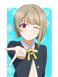 1girl absurdres asymmetrical_hair black_jacket blowing_kiss blue_komett bob_cut brown_hair buttons collared_shirt commentary crescent crescent_hair_ornament english_commentary hair_ornament hairclip halftone halftone_background highres jacket light_blush long_sleeves looking_at_viewer love_live! love_live!_nijigasaki_high_school_idol_club nakasu_kasumi neck_ribbon nijigasaki_school_uniform o3o one_eye_closed purple_eyes ribbon school_uniform shirt short_hair simple_background solo upper_body white_shirt winter_uniform yellow_ribbon