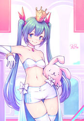 1girl 39 bare_shoulders blue_eyes blue_hair breasts choker cowboy_shot crown elbow_gloves gloves gogatsu_no_renkyuu hair_ribbon hatsune_miku highres long_hair looking_at_viewer midriff miku_day navel ribbon short_shorts shorts small_breasts smile solo strapless stuffed_animal stuffed_rabbit stuffed_toy thighhighs tube_top twintails very_long_hair vocaloid white_choker white_gloves