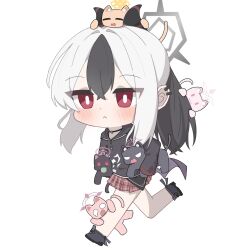 1girl :&lt; :3 akira_(blue_archive) angry animal animal_on_head animal_on_leg animalization black_cat black_choker black_hair black_hoodie black_horns black_shoes blue_archive blush bright_pupils carrying cat chinese_commentary choker closed_eyes closed_mouth commentary_request crossed_bangs demon_horns double-parted_bangs eyes_visible_through_hair fang food_in_mouth full_body grey_halo hair_between_eyes halo highres hood hoodie horns huashijie_(medium) kayoko_(blue_archive) kazusa_(blue_archive) long_hair long_sleeves making-of_available mari_(blue_archive) miniskirt momoi_(blue_archive) mouth_hold multicolored_hair o_o on_head open_mouth person_and_animalization pink_cat pink_halo plaid_clothes plaid_skirt pleated_skirt ponytail red_eyes red_skirt running serika_(blue_archive) shoes sidelocks simple_background skirt streaked_hair striped_horns two-tone_hair v-shaped_eyes white_background white_hair white_pupils year_yail yellow_cat yellow_halo zipper