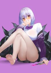 1girl ass barefoot black_skirt blood bow boxcutter broken_eyewear closed_mouth colored_blood crack cracked_glass crossed_legs eyelashes eyes_visible_through_hair feet fingernails glasses gridman_universe hair_between_eyes head_rest highres holding holding_weapon ichibi light_purple_hair long_fingernails long_sleeves looking_at_viewer no_legwear pink_blood purple_background purple_bow purple_hair red_eyes round_eyewear shinjou_akane short_hair simple_background sitting skirt sleeves_past_wrists smile soles solo ssss.gridman teeth tinted_eyewear toes trash_bag weapon yellow-tinted_eyewear