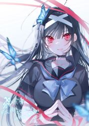 1girl black_hair bow bowtie bug butterfly choker copyright_name floating_hair fushi_tantei:_reidou_momiji gradient_background grey_background hair_ornament highres insect light_smile long_hair miwano_rag official_art red_eyes red_ribbon reidou_momiji ribbon sailor_collar sailor_shirt second-party_source shirt signature solo standing steepled_fingers upper_body x_hair_ornament