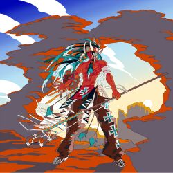 1boy arm_shield bandaged_arm bandages blue_hair canyon commentary_request dark-skinned_male dark_skin desert edarow fake_horns full_body holding holding_staff hoof_shoes horned_headwear horns long_hair male_focus original outdoors solo staff sunrise topless_male very_long_hair wind
