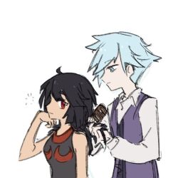 1boy 1girl ahoge black_hair blue_eyes blue_hair brushing_another&#039;s_hair brushing_hair creatures_(company) game_freak hair_brush hair_down holding holding_hair_brush looking_at_another nintendo pokemon pokemon_oras red_eyes simple_background steven_stone sweater_vest white_background xlii_idk zinnia_(pokemon)