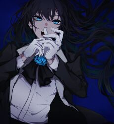 Rule 34 | 1girl, absurdres, ado (utaite), black bow, black bowtie, black coat, black hair, blue background, blue eyes, blue flower, blue rose, bow, bowtie, chando (ado), coat, commentary, dress shirt, flower, gloves, hashtag-only commentary, highres, kumah dessu, long hair, mole, mole under eye, open clothes, open coat, open mouth, rose, shirt, solo, tenochtitlan (fate), utaite, white gloves, white shirt