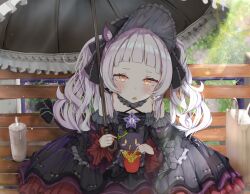 1girl animal_ears bag bench blush bonnet bottle cat cat_ears cat_girl cat_tail choker day detached_sleeves eating esearu facing_viewer flat_chest flower food french_fries frilled_choker frilled_sleeves frills gothic_lolita hair_ribbon highres holding holding_umbrella hololive leaning_forward light_particles light_rays lolita_fashion long_hair looking_at_viewer messy_hair murasaki_shion murasaki_shion_(gothic_lolita) neck_ribbon on_bench outdoors plant purple_hair ribbon shiokko_(murasaki_shion) shopping_bag sitting sitting_on_lap sitting_on_person star_ornament sunbeam sunlight tail tail_ornament tail_ribbon twintails umbrella upper_body virtual_youtuber water_bottle yellow_eyes