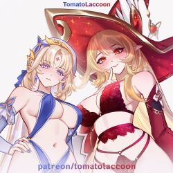 Rule 34 | 2girls, ahoge, alice (genshin impact), bare shoulders, beret, blonde hair, blue eyes, blush, bra, braid, breasts, cleavage, closed mouth, cowlick, earrings, elf, facial mark, forehead mark, frills, frown, garter belt, genshin impact, hair ribbon, hand on own hip, hat, jewelry, lace, lace-trimmed bra, lace trim, large breasts, lingerie, long hair, looking at viewer, multicolored hair, multiple girls, navel, nicole reeyn, parted bangs, pointy ears, red eyes, red hat, ribbon, side ahoge, simple background, smile, tomatolaccoon, twin braids, two-tone hair, underboob, underwear, very long hair, white background, white hair, white hat, witch, witch hat