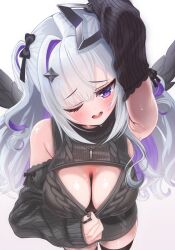 Rule 34 | 1girl, amane konata, angel, angel wings, arm above head, arm up, black bow, black sleeves, black sweater, black thighhighs, blush, bow, breasts, cleavage, cleavage cutout, clothing cutout, diamond hair ornament, grey hair, hair bow, halo, highres, hololive, large breasts, looking at viewer, mato (mato 77777), meme attire, multicolored hair, one eye closed, open mouth, purple eyes, purple hair, solo, star halo, streaked hair, sweater, thighhighs, turtleneck, turtleneck sweater, virgin killer sweater, virtual youtuber, wings