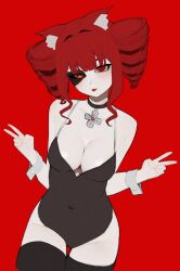1girl :p absurdres anemoneeanemone animal_ear_fluff animal_ears bare_arms bare_shoulders black_choker black_one-piece_swimsuit black_thighhighs blunt_bangs breasts cat_ears choker cleavage cowboy_shot drill_hair highres medium_breasts one-piece_swimsuit red_background red_eyes red_hair sidelocks simple_background single_mechanical_eye solo stella_hoshii swimsuit thigh_gap thighhighs tongue tongue_out twin_drills va-11_hall-a wrist_cuffs