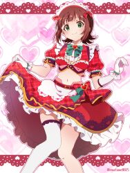 1girl amami_haruka bow brown_hair closed_mouth commentary crop_top frilled_skirt frills gloves green_eyes hair_bow highres hikono idolmaster idolmaster_(classic) idolmaster_million_live! idolmaster_million_live!_theater_days looking_at_viewer maid_headdress midriff navel outline plaid_bow plaid_clothes plaid_skirt red_bow red_skirt short_hair short_sleeves single_thighhigh skirt skirt_hold smile solo stomach symbol-only_commentary thigh_gap thighhighs twitter_username white_gloves white_outline white_thighhighs