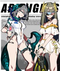 2girls absurdres arknights bikini bracelet choker diving_mask flippers goggles highleg highleg_swimsuit highres ho&#039;olheyak_(arknights) infection_monitor_(arknights) jewelry muelsyse_(arknights) multiple_girls nail_polish navel off-shoulder_bikini off_shoulder one-piece_swimsuit qingjiaokuaigengxin snake_tail snorkel swimsuit tail thigh_strap thighs white_bikini white_one-piece_swimsuit zipper