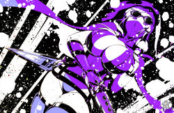 Rule 34 | 1girl, absurdres, breasts, chinese commentary, cleavage, commentary request, cowboy shot, dagger, dual wielding, dutch angle, eyewear on head, fingerless gloves, gloves, highres, holding, holding dagger, holding knife, holding weapon, hood, hood up, jamadhar, knife, large breasts, leotard, looking at viewer, mask, mouth mask, ninja mask, purple theme, ragnarok online, shadow cross (ragnarok online), short hair, solo, sunglasses, thighhighs, weapon, zzk0926