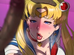 Rule 34 | 1boy, 1girl, ahegao, bishoujo senshi sailor moon, blush, breasts, dark-skinned male, dark skin, grabbing another&#039;s hair, hand on another&#039;s head, huge breasts, huge penis, interracial, kisuu, looking at penis, non-web source, open mouth, penis, penis shadow, sailor moon, sailor moon redraw challenge (meme), thick lips, tsukino usagi