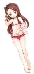 Rule 34 | 1girl, barefoot, bikini, bracelet, brown eyes, brown hair, female focus, flat chest, full body, hairband, highres, hug, idolmaster, idolmaster (classic), jewelry, kiyomiya ryou, long hair, minase iori, navel, plaid bikini, plaid clothes, red bikini, ribbon, simple background, smile, solo, stuffed animal, stuffed rabbit, stuffed toy, swimsuit, thigh gap