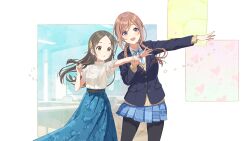 2girls belt blazer blue_eyes blue_skirt brown_eyes brown_hair buttons ceiling_light chair chalkboard desk emblem floral_print forehead gakuen_idolmaster game_cg heart highres himesaki_rinami holding_another&#039;s_arm idolmaster jacket kuramoto_china long_skirt multiple_girls neck_ribbon official_art open_mouth pantyhose ribbon school_uniform shirt skirt sweater_vest white_shirt