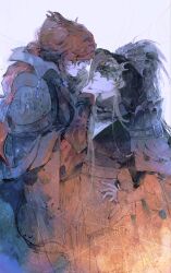 2boys 321wei alternate_form armor belt black_hair black_hanfu blue_gemstone bracer chinese_clothes closed_mouth cowboy_shot curtained_hair expressionless facing_another from_side gem hair_bun hair_ornament hair_over_shoulder half_mask hand_on_another&#039;s_chin hand_on_own_hip hanfu headdress high_collar highres jinguang_budaixi light_particles long_hair long_sleeves male_focus mask multiple_boys parted_bangs pectorals red_hair shoulder_armor sidelocks silk sleeves_past_wrists spider_web v-neck wang_zhongren watermark white_background yaoi yellow_gemstone