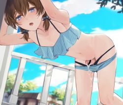 1boy against_wall bar_censor bent_over bikini bikini_pull black_bikini blue_bikini blue_eyes blush brown_hair censored clothes_pull cloud collarbone crossdressing cum cum_on_body cum_on_lower_body cum_on_male cum_on_self ejaculation frilled_bikini frills from_below hair_between_eyes handsfree_ejaculation layered_bikini looking_at_viewer low_twintails male_focus medium_hair navel nose_blush open_mouth original penis railing sky solo striped_bikini striped_clothes sunaba_(nczd5875) sweat swimsuit trap twintails