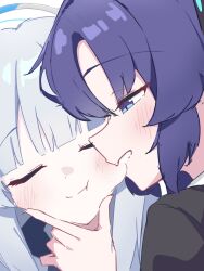 2girls absurdres black_jacket blue_archive blue_necktie closed_eyes grey_hair halo highres ikka0725 jacket mechanical_halo multiple_girls necktie noa_(blue_archive) profile purple_eyes purple_hair shirt simple_background smile white_background white_jacket white_shirt yuuka_(blue_archive)