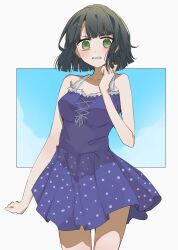 Rule 34 | 1girl, absurdres, bare shoulders, black hair, blue one-piece swimsuit, blue sky, blush, border, breasts, casual one-piece swimsuit, clenched teeth, collarbone, commentary, cowboy shot, cross-laced clothes, cross-laced one-piece swimsuit, day, dress swimsuit, frilled one-piece swimsuit, frills, furrowed brow, green eyes, hair ornament, hairclip, highres, link! like! love live!, looking at viewer, love live!, medium breasts, momose ginko, momose ginko (swimsuit), nagisa iori, no jacket, official alternate costume, one-piece swimsuit, outside border, parallel hairclips, polka dot one-piece swimsuit, scratching cheek, short hair, sky, solo, swimsuit, teeth, virtual youtuber, white border