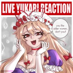Rule 34 | 1girl, blonde hair, breasts, choker, cleavage, elbow gloves, skin fang, gloves, highres, large breasts, looking at viewer, red eyes, skullchimes, touhou, yakumo yukari