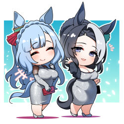 +++ 2girls :d ^_^ animal_ears bag black_hair black_jacket blue_eyes blue_hair blush braid breasts chibi cleavage closed_eyes closed_mouth colored_shadow commentary_request cropped_jacket crown_braid dress elbow_gloves gloves grey_dress grey_gloves grey_hair grey_outline grey_shoes hand_up handbag high_heels highres holding holding_bag horse_ears horse_girl horse_tail jacket large_breasts long_sleeves mejiro_ardan_(umamusume) mejiro_ramonu_(umamusume) mole mole_under_eye multicolored_hair multiple_girls notice_lines open_clothes open_jacket open_mouth outline shadow shoes smile streaked_hair tail umamusume walking warashi