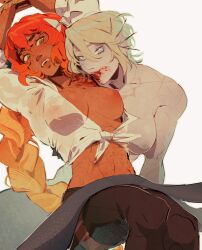 2400db 2girls abs absurdres alternate_form alternate_skin_color alternate_universe black_pants blonde_hair blood blood_in_mouth blood_on_chest blood_on_face blue_eyes body_freckles bound bound_wrists bow braid breasts collarbone colored_skin covered_erect_nipples dark-skinned_female dark_skin faust_(project_moon) fins fish_tail freckles green_eyes grey_skin hair_bow head_fins highres interracial interspecies ishmael_(project_moon) large_breasts limbus_company long_hair looking_at_viewer medium_breasts mermaid monster monster_girl multiple_girls nipples no_bra nude one_breast_out open_mouth orange_hair pants project_moon rope see-through_clothes see-through_shirt shirt short_hair simple_background single_braid tail tied_shirt wavy_hair white_background white_shirt yuri