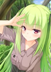 Rule 34 | 1girl, \||/, absurdres, alternate costume, blunt bangs, blush, brown shirt, closed mouth, collared shirt, commentary, contemporary, day, dress shirt, eyelashes, eyes visible through hair, green hair, hand up, happy, highres, hime cut, long hair, murasame (senren), outdoors, park, red eyes, salute, senren banka, shirt, short sleeves, sidelocks, smile, solo, split mouth, straight hair, two side up, uoouchan, upper body, very long hair