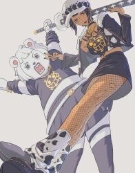 2girls bear bepo_(one_piece) black_choker black_eyes black_hair black_shorts canon_genderswap chest_tattoo choker finger_tattoo fishnet_pantyhose fishnets genderswap genderswap_(mtf) highres holding holding_sword holding_weapon jewelry jolly_roger looking_at_viewer multiple_girls one_piece pantyhose polar_bear salmonfordinner short_hair shorts sword tattoo trafalgar_law trafalgar_law_(female) weapon white_hair