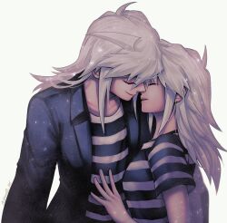 1boy 1girl bantian96 closed_mouth genderswap genderswap_(mtf) grey_hair hair_between_eyes hand_on_another&#039;s_chest long_hair open_mouth shirt simple_background smile striped_clothes striped_shirt white_background white_hair yami_bakura yu-gi-oh! yu-gi-oh!_duel_monsters