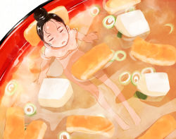 1girl black_hair closed_eyes completely_nude female_focus food in_food mini_person minigirl miso_soup natsui_tuna nude open_mouth original solo spring_onion tofu