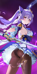 1girl absurdres ass bare_shoulders black_panties black_pantyhose blush bow breasts closed_mouth commentary cone_hair_bun diamond-shaped_pupils diamond_(shape) double_bun dress earrings electricity floating floating_object floating_sword floating_weapon from_behind from_below genshin_impact gradient_background hair_between_eyes hair_bow hair_bun hair_ornament highres jewelry keqing_(genshin_impact) long_hair looking_at_viewer looking_back medium_breasts panties panties_under_pantyhose pantyhose pantyshot pink_eyes purple_background purple_dress purple_hair short_sleeves sideboob solo standing sword symbol-shaped_pupils tassel thighs turning_head twintails underwear very_long_hair weapon white_dress yueyueyue_yao