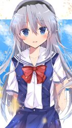 Rule 34 | 1girl, arm at side, black hairband, blue eyes, blue skirt, blurry, blush, bow, clannad, colored eyelashes, commentary, cowboy shot, depth of field, eyes visible through hair, falling petals, floating hair, grey hair, hair between eyes, hairband, hand up, highres, long hair, looking at viewer, nanakusa miya, open mouth, petals, red bow, sailor collar, sakagami tomoyo, shirt, short sleeves, sidelocks, simple background, skirt, smile, solo, standing, straight-on, suspender skirt, suspenders, very long hair, white background, white sailor collar, white shirt