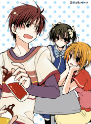 Rule 34 | 1boy, 2girls, black hair, brown eyes, brown hair, clip studio paint (medium), ever 17, hibiki mio, kaburaki ryougo, ketchup bottle, layered sleeves, long sleeves, matsunaga sara, multiple girls, mustard bottle, orange hair, pink shirt, puffy short sleeves, puffy sleeves, ribbon, school uniform, shirt, short hair, short over long sleeves, short sleeves, smile, striped clothes, striped shirt, tanaka yubiseiakikana, twintails
