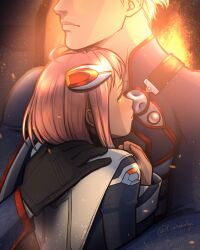 1boy 1girl affectionate black_gloves blonde_hair closed_mouth commentary english_commentary gloves hair_ornament head_out_of_frame highres hug linnaealyn momo_mizrahi pink_hair xenosaga xenosaga_episode_i yellow_eyes ziggy