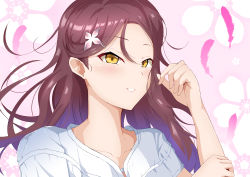 1girl absurdres artist_name artist_request blush breasts brown_eyes collarbone dress earrings feather_earrings feathers female_focus floating_hair hair_between_eyes hair_ornament hairclip highres jewelry long_hair looking_at_viewer love_live! love_live!_school_idol_festival love_live!_sunshine!! love_spiral_tower_(love_live!) parted_lips pink_background pink_feathers plaid_clothes plaid_dress pleated pleated_dress portrait puffy_short_sleeves puffy_sleeves red_hair sakurauchi_riko short_sleeves small_breasts smile solo teeth the_story_of_feather_(love_live!) upper_body white_dress yellow_eye