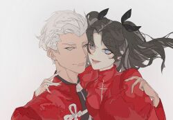 1boy 1girl archer_(fate) black_hair blue_eyes cropped_torso face-to-face fate_(series) grey_background highres hug long_hair red_shirt red_sweater shirt short_hair side-by-side sweater tohsaka_rin turtleneck turtleneck_sweater twintails white_shirt yinggu