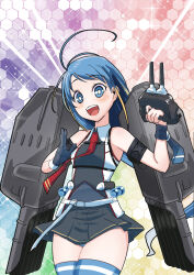 Rule 34 | 1girl, adapted turret, ahoge, belt, black gloves, black skirt, blonde hair, blue eyes, blue hair, blue thighhighs, breasts, cannon, chest harness, gloves, gradient hair, harness, highres, kantai collection, long hair, miniskirt, multicolored hair, necktie, open mouth, original remodel (kantai collection), panties, panty peek, pleated skirt, red necktie, rigging, samidare (kancolle), shirt, single glove, skirt, sleeveless, sleeveless shirt, small breasts, solo, striped clothes, striped panties, swept bangs, thighhighs, torpedo launcher, tsun&#039;ichi (tsun1), underwear, very long hair, white belt