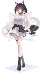 1girl absurdres animal_ears belt black_hair black_mask black_shoes black_socks blue_archive blush breasts cat_ears clothes_around_waist colored_inner_hair commentary_request extra_ears full_body highres jacket jacket_around_waist kazusa_(band)_(blue_archive) kazusa_(blue_archive) looking_at_viewer mask mask_around_neck medium_breasts multicolored_hair official_alternate_costume pink_eyes pink_hair pleated_skirt shirt shoes short_hair skirt smile socks solo standing summer_(724788381) thigh_belt thigh_strap white_shirt white_skirt