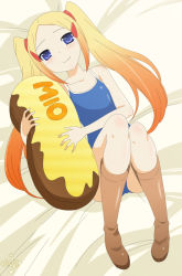 1girl aoyama_mio bare_shoulders blonde_hair blue_eyes boots character_name female_focus flat_chest hair_ornament hairclip highres kami_nomi_zo_shiru_sekai knee_boots knees_together_feet_apart long_hair multicolored_hair one-piece_swimsuit orange_hair solo swimsuit twintails two-tone_hair von-cx