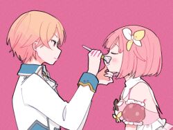 Rule 34 | 1boy, 1girl, 6 utotsumi, blush, bob cut, breasts, closed eyes, closed mouth, collared shirt, facing another, hair ornament, hands up, hashtag-only commentary, highres, holding, holding brush, long sleeves, looking at another, ootori emu, orange hair, pink background, pink hair, project sekai, shirt, short hair, simple background, sleeveless, tenma tsukasa, upper body