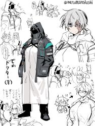 !? 1boy 6+girls amiya_(arknights) arknights arrow_(symbol) black_coat black_pants breast_awe breast_envy breasts chongyue_(arknights) coat convenient_breasts covered_face cup_ramen doctor_(arknights) dragon_boy eating female_doctor_(arknights) fiammetta_(arknights) full_body grey_eyes grey_hair hands_in_pockets heterochromia highres hood hood_up hooded_coat huge_breasts kal&#039;tsit_(arknights) lappland_(arknights) long_hair looking_at_breasts low_ponytail mask mon3tr_(arknights) mon3tr_(summon)_(arknights) multiple_girls mutomorokoshi open_clothes open_coat pants partially_colored ponytail robe scar scar_on_face short_hair short_ponytail simple_background slapping_breasts slurping smile standing texas_(arknights) translation_request uneven_eyes white_background white_robe wide-eyed