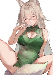 1girl animal_ear_fluff animal_ears bare_shoulders blonde_hair blush breasts china_dress chinese_clothes cleavage cleavage_cutout closed_mouth clothing_cutout commission covered_navel dress fox_ears fox_girl fox_tail green_dress hair_between_eyes hand_up highres large_breasts long_hair looking_at_viewer original pelvic_curtain pepq ponytail second-party_source simple_background sitting skeb_commission smile solo spread_legs suirin_(tukikagerou) tail thighs white_background yellow_eyes