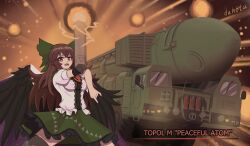 1girl \n/ absurdres arm_cannon arm_up artist_name asymmetrical_legwear bird_wings black_wings blouse bow breasts brown_hair commentary control_rod_(touhou) duhota electricity energy_ball english_commentary english_text engrish_commentary fire_extinguisher frilled_skirt frills green_bow green_skirt highres intercontinental_ballistic_missile jojo_pose legs_apart long_hair medium_breasts military military_truck military_vehicle mismatched_legwear missile missile_vehicle motor_vehicle nuclear_weapon open_mouth orange_background puffy_short_sleeves puffy_sleeves red_eyes reiuji_utsuho rt-2pm2 shirt short_sleeves skirt solo spell third_eye third_eye_on_chest touhou transporter_erector_launcher truck weapon wheel white_shirt windshield wings