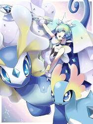 Rule 34 | 1girl, 2others, absurdres, amaura, aqua hair, aurorus, blue eyes, dinosaur, dinosaur tail, dress, gen 6 pokemon, green eyes, hair between eyes, hatsune miku, highres, holding, holding wand, looking at another, looking at viewer, misubaru rin, multiple others, nintendo, official alternate costume, official alternate hairstyle, open mouth, pokemon, pokemon (creature), project voltage, rock miku (project voltage), sleeveless, sleeveless dress, smile, tail, veil, vocaloid, wand