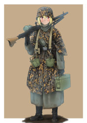 1girl absurdres ammunition_box belt_buckle blonde_hair boots brown_background buckle coat commentary dirty dirty_face explosive female_focus frown gloves grenade gun gun_sling highres holster letterboxed load_bearing_equipment looking_to_the_side machine_gun mardjan mg_34 military mud original poncho pouch red_eyes short_hair simple_background soldier solo trench_coat weapon world_war_ii