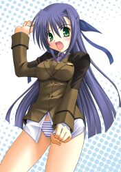 1girl arm_up blue_hair blue_ribbon blunt_ends blush breasts brown_jacket buttons collared_shirt cowboy_shot double-breasted ginga_nakajima green_eyes hair_ribbon jacket kitamiya_genbu large_breasts long_sleeves looking_at_viewer lyrical_nanoha mahou_shoujo_lyrical_nanoha military_uniform name_tag necktie no_pants open_mouth panties purple_necktie ribbon shirt shirt_tug small_sweatdrop solo standing striped_clothes striped_panties underwear white_panties white_shirt