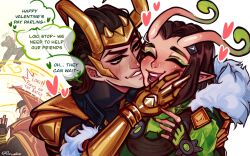 1girl alien animification antennae avengers_(series) black_hair blush brown_hair bucky_barnes captain_america_(series) couple doctor_strange doctor_strange_(series) fur_trim green_eyes guardians_of_the_galaxy highres horns kiss loki_(marvel) long_hair long_sleeves looking_at_another male_focus mantis_(marvel) marvel marvel_cinematic_universe marvel_rivals mechanical_arms medium_hair open_mouth poposhirat prosthesis prosthetic_arm short_hair simple_background single_mechanical_arm smile teeth white_background winter_soldier