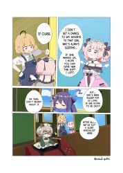 Rule 34 | 3girls, :d, absurdres, ahoge, animal ears, black bow, blonde hair, blue hair, blush stickers, bow, commentary, controller, crescent, crescent hair ornament, detached collar, detached wings, dooby (vtuber), dress, game controller, gloves, green dress, green eyes, green ribbon, hair bow, hair ornament, hat, highres, indie virtual youtuber, maid headdress, mini person, minigirl, multiple girls, neck ribbon, nimi nightmare, nurse cap, open mouth, pink eyes, ribbon, senzawa, short hair, sleeping, smile, speech bubble, tapir ears, tapir girl, two side up, virtual quokka, virtual youtuber, white gloves, wings, zzz